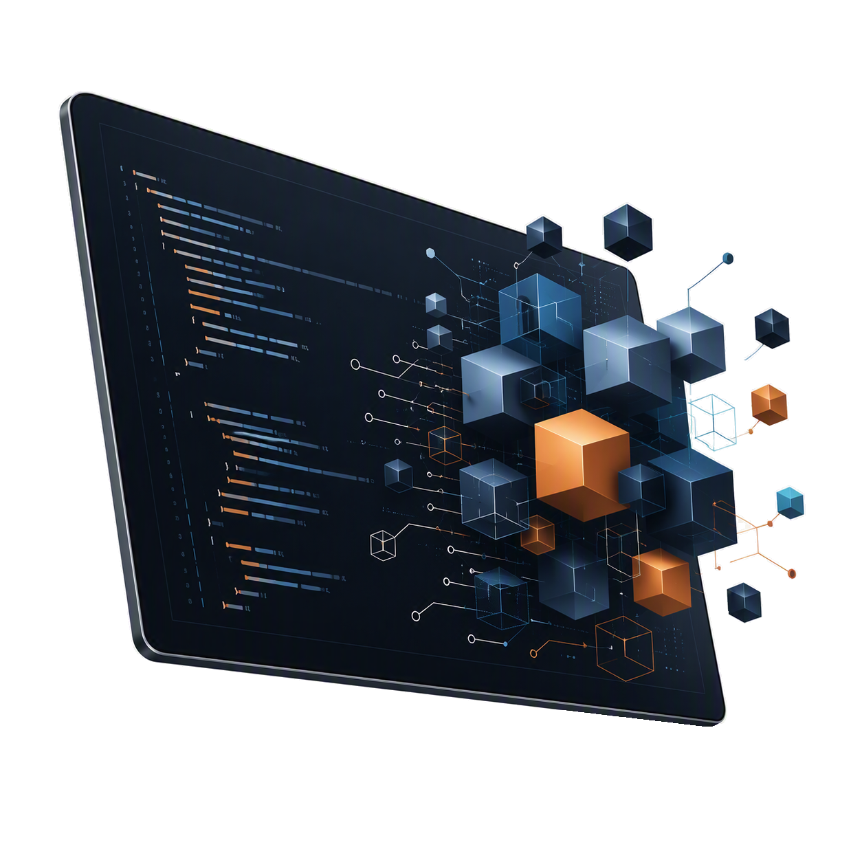 Illustration : une tablette affichant du code, d'où s'échappe une grappe de cubes en volume.